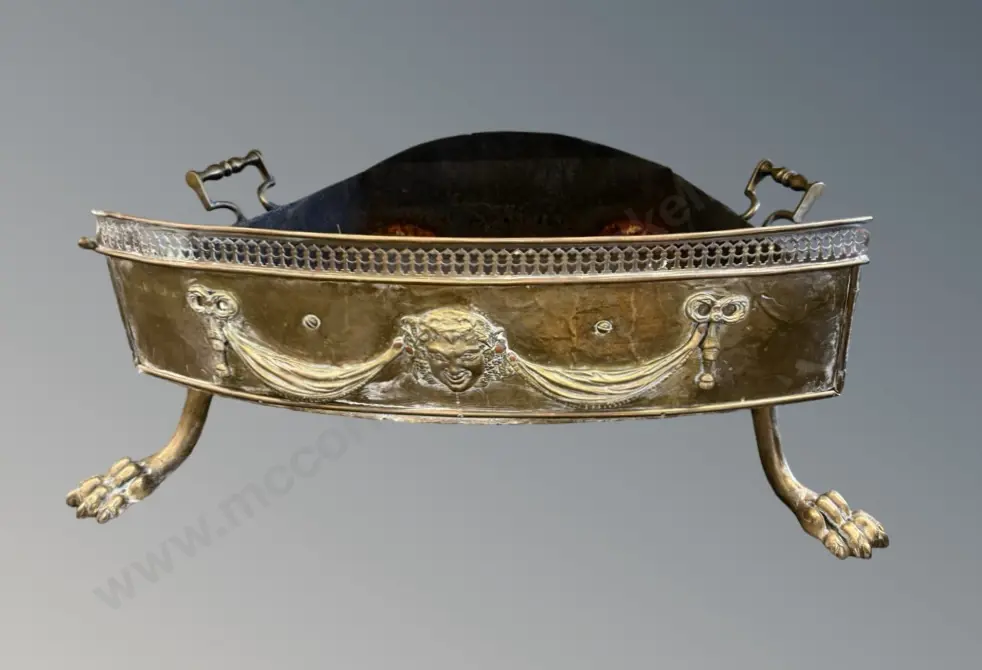 Heavy Brass Fronted Ash Pan on Lions Feet and Twin Handles, L64xD41cm Image 1++