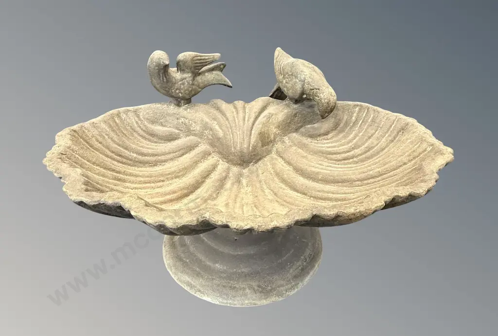 Cast Iron Scalloped Birdbath on Footed Base with Birds, H20xL48D37cm Image 1++