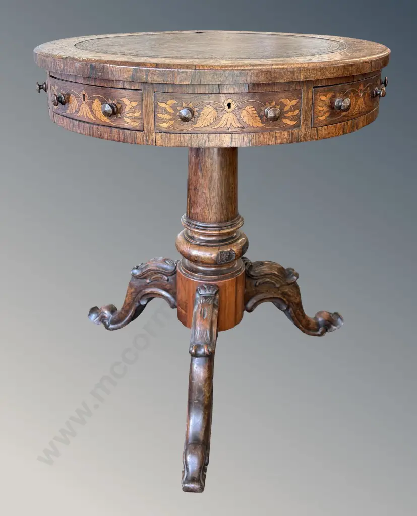 Leather Inlaid 4 Drawer Rosewood and Floral Fruitwood Inlaid Drum Table, H73xDia65cm Image 1++