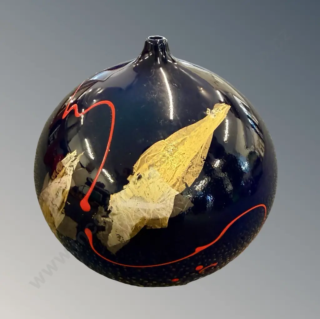 Cobalt Blue and Gold Glazed Orb, signed Peter Collis, 1997, H12xdia12cm Image 1++