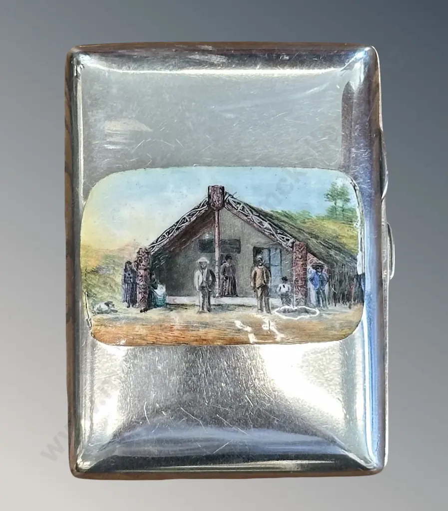 Sterling Silver Cigarette Case featuring an inset enamel panel depicting a Maori Whare, L8cm, TW72.8gms Image 1++