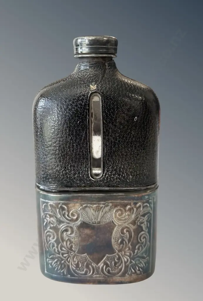 Leather and Silver Plate Hip Flask, H16cm Image 1++
