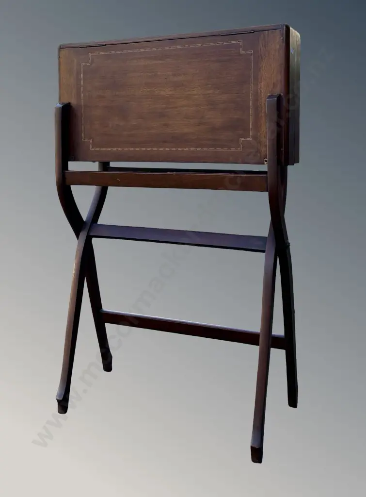 Mahogany Campaign Travelling Desk, Felt Lined, with Fruitwood Inlay, H94xW61xD61cm Image 1++