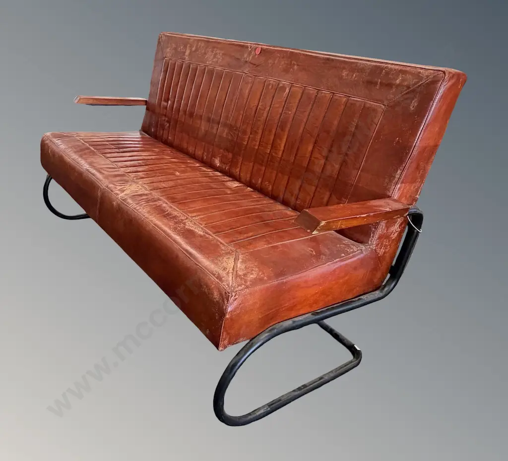Brown Leather Two Seater Theatre Bench, H85xL133xD62cm Image 1++