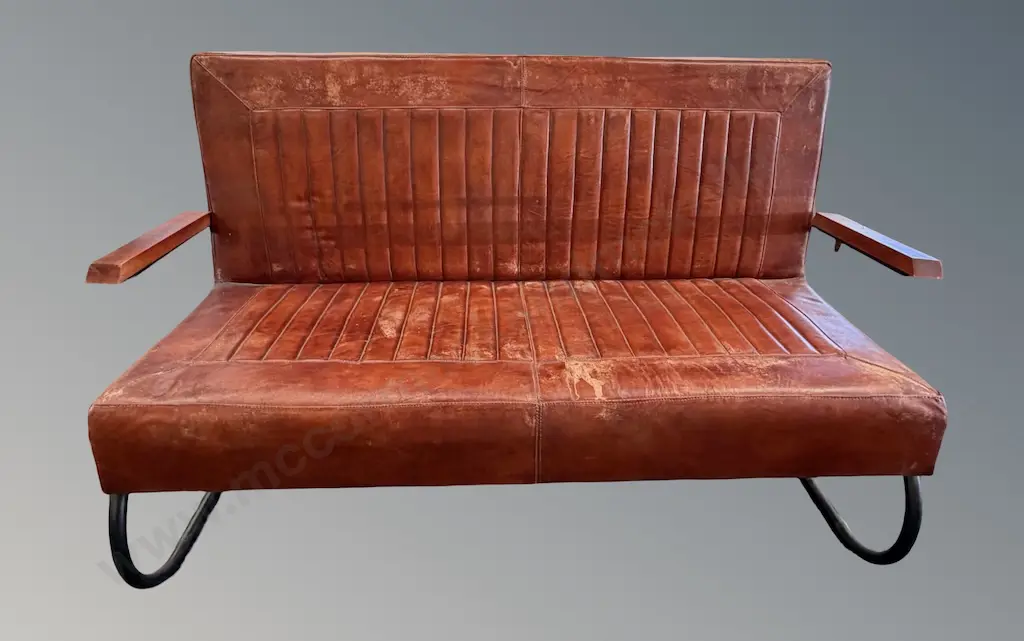 Brown Leather Two Seater Theatre Bench, H85xL133xD62cm Image 1++