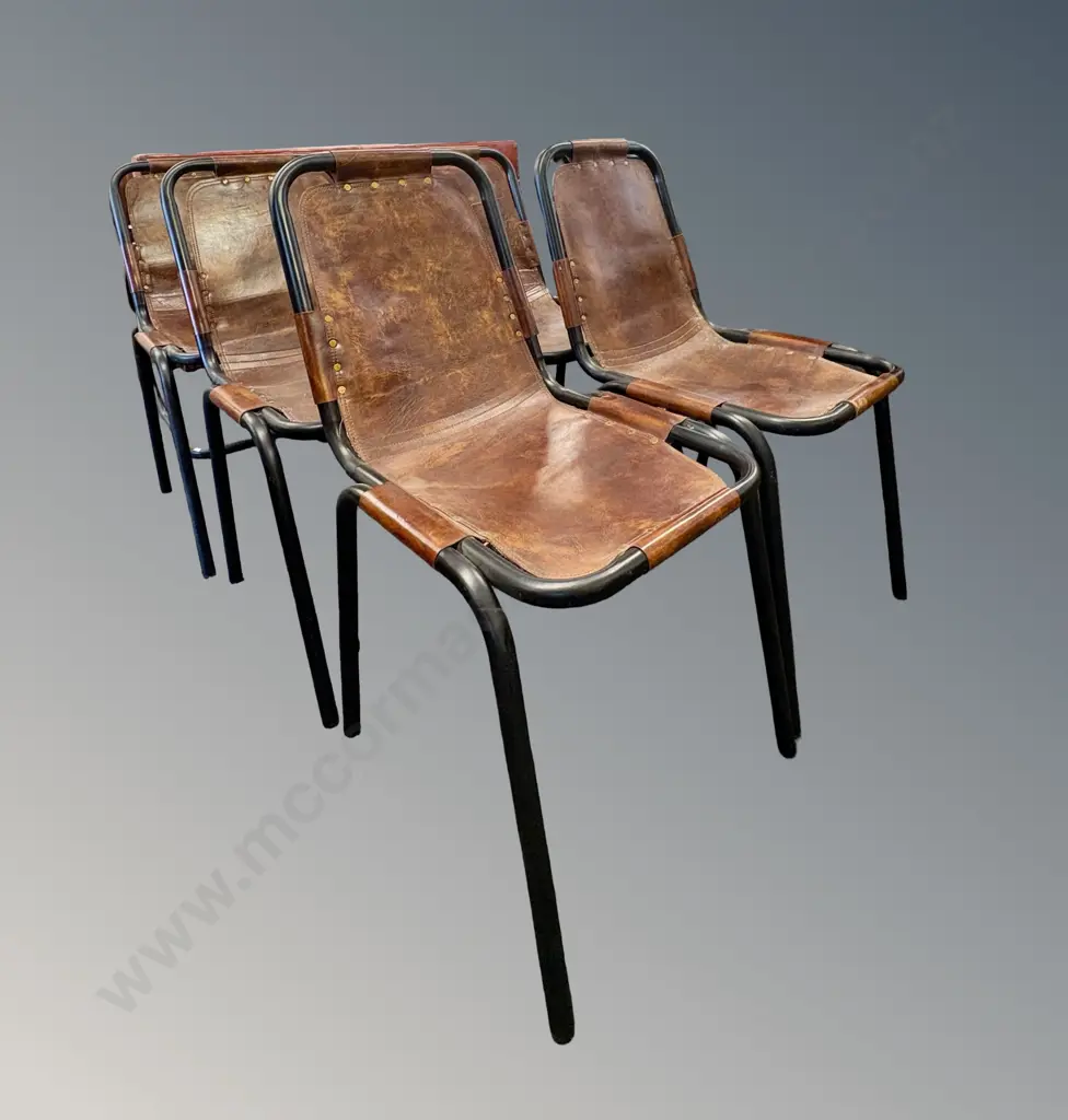 Set of 6 Mid Century Brown Leather Sling Seats with Black Metal Frames in the style  of Lesarcs, H84xW44xD60cm Image 1++