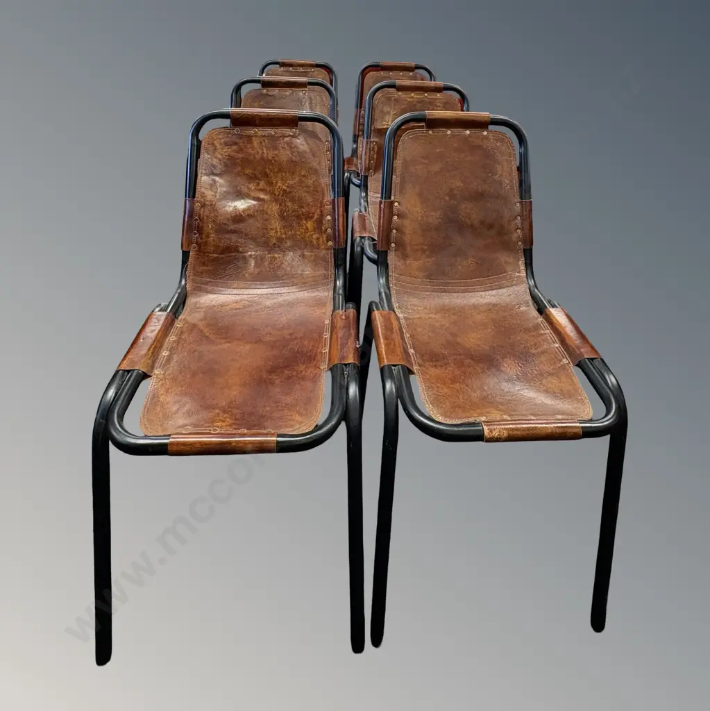 Set of 6 Mid Century Brown Leather Sling Seats with Black Metal Frames in the style  of Lesarcs, H84xW44xD60cm Image 1++