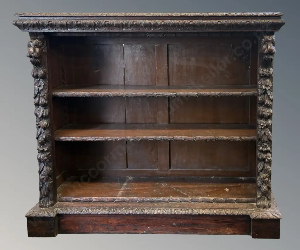 Dark Oak Ornately Carved Open 3 Shelf Bookcase, Featuring Lions Head and Floral Motifs Image 1++