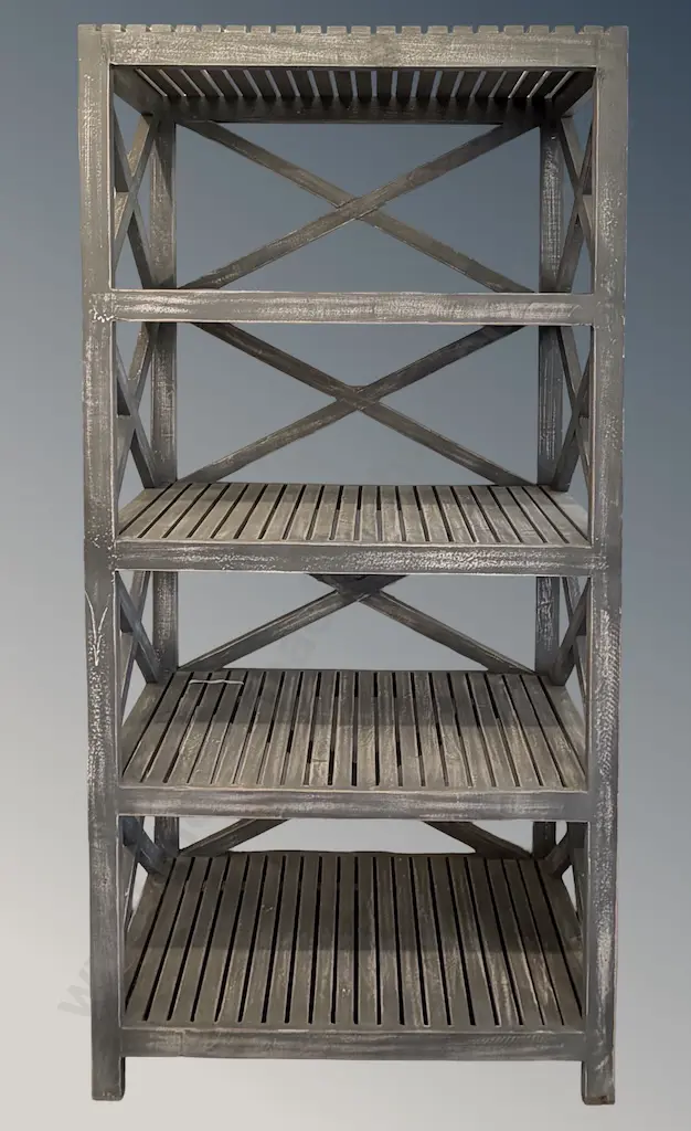Painted French Grey Distressed Wooden Slatted Shelves, Johansen Style, H180xL90xD45cm Image 1++
