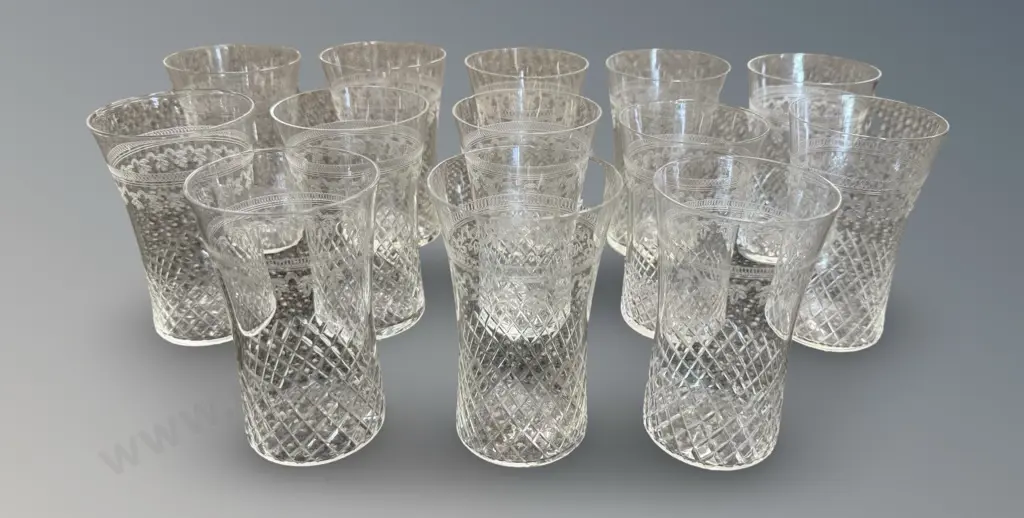 Set of 13 Etched Crystal Water Glasses Image 1++