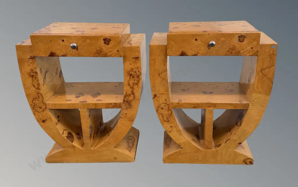 Pair of Burr Veneer Art Deco Bedside Cabinets with Shelf and Single Drawer, H75xL60xD32cm Image 1++