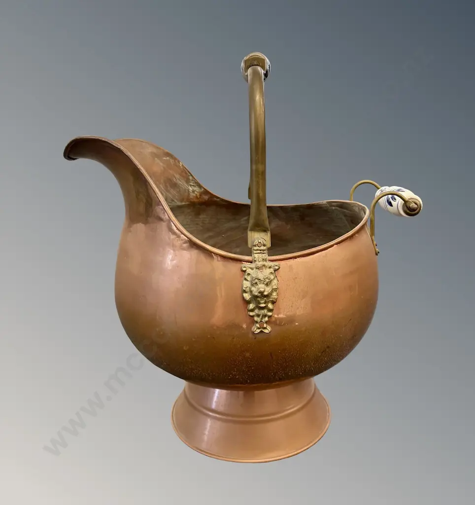 Large Copper & Brass Coal Scuttle with Blue and White Ceramic Handles H52cm to top of handle Image 1++