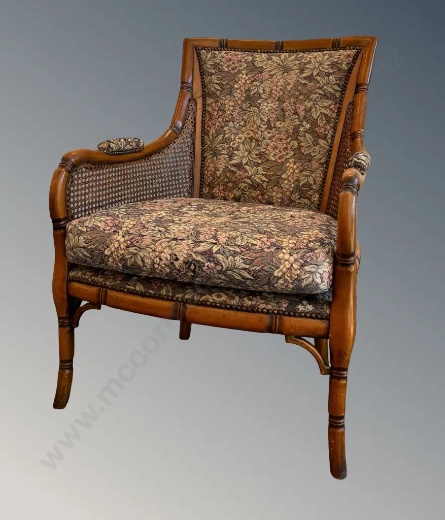 French Bamboo Style Armchair with Floral Upholstered Seat, Arm Rests and Rattan Sides Image 1++
