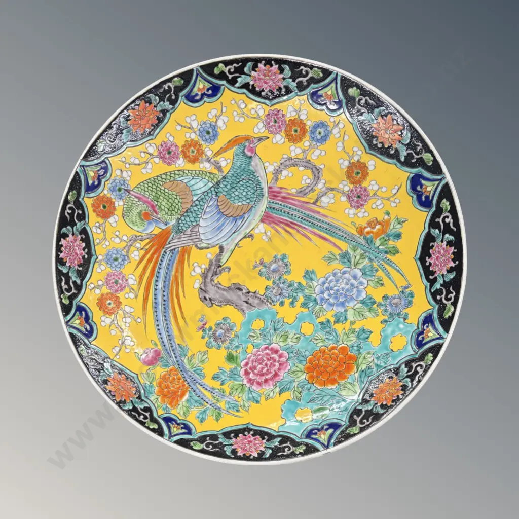 Large Japanese Enameled Porcelain Charger with Bird and Floral Design D45cm Image 1++
