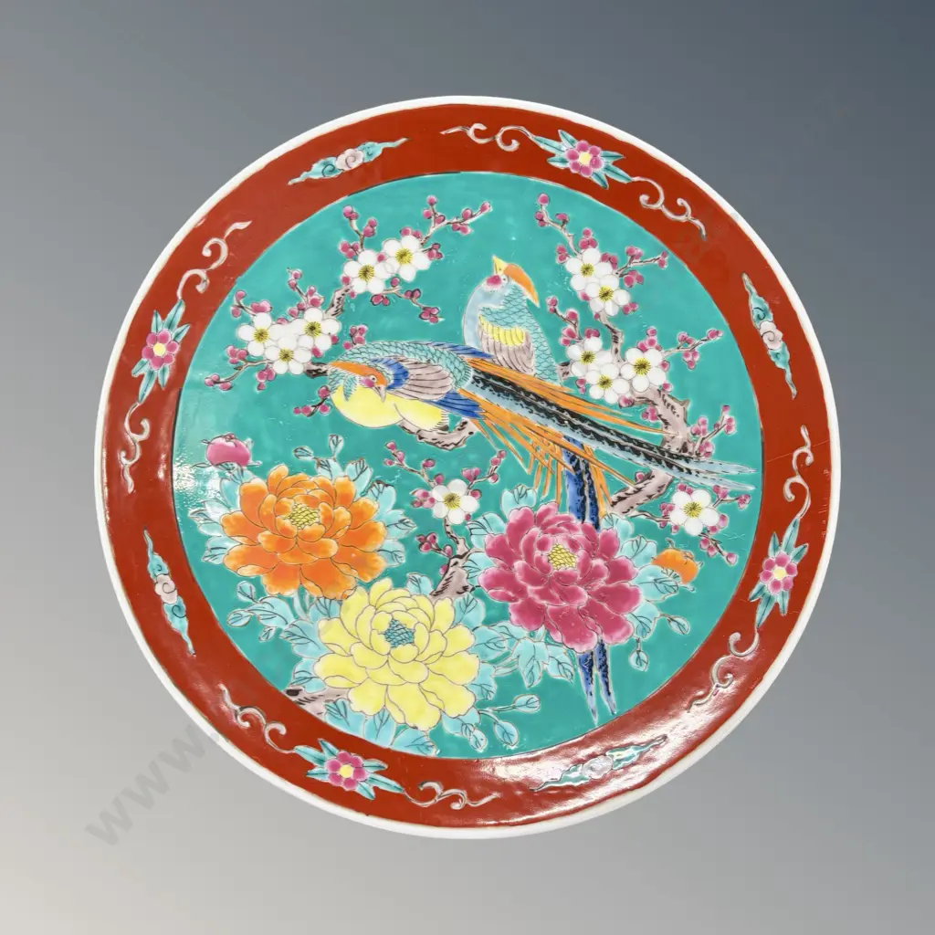 Japanese Enameled Porcelain Charger with Bird and Floral Design D34cm Image 1++