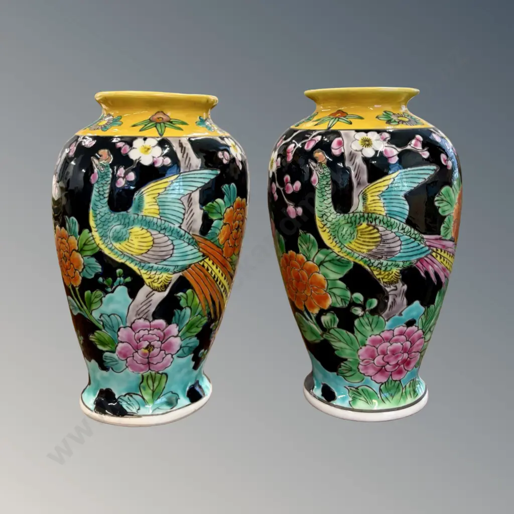 Pair of Japanese Porcelain Vases with Enameled Bird and Floral Design H15cm Image 1++