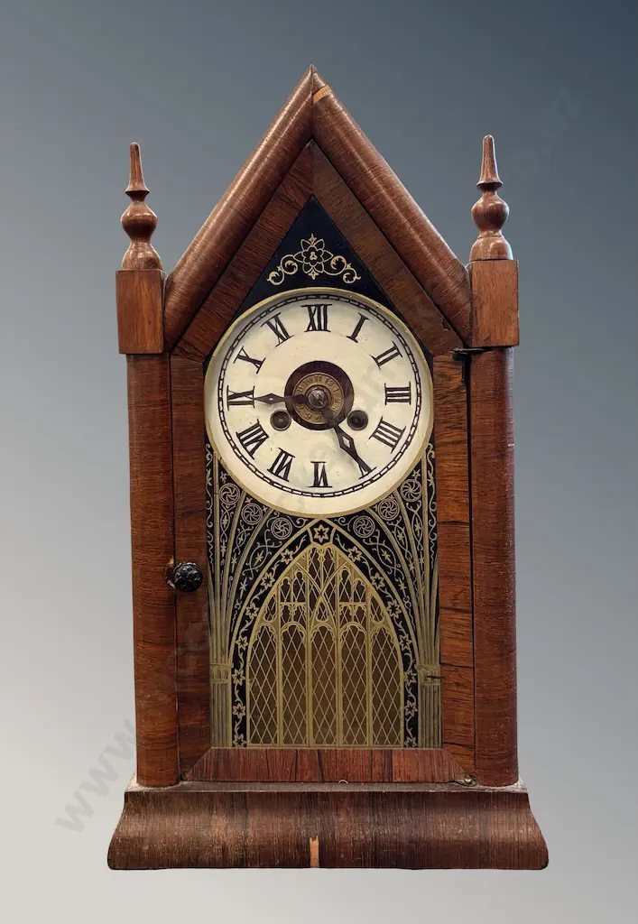 Mahogany Gothic Revival Style Mantle Clock with Gothic Arch Patterns, H40cm Image 1++