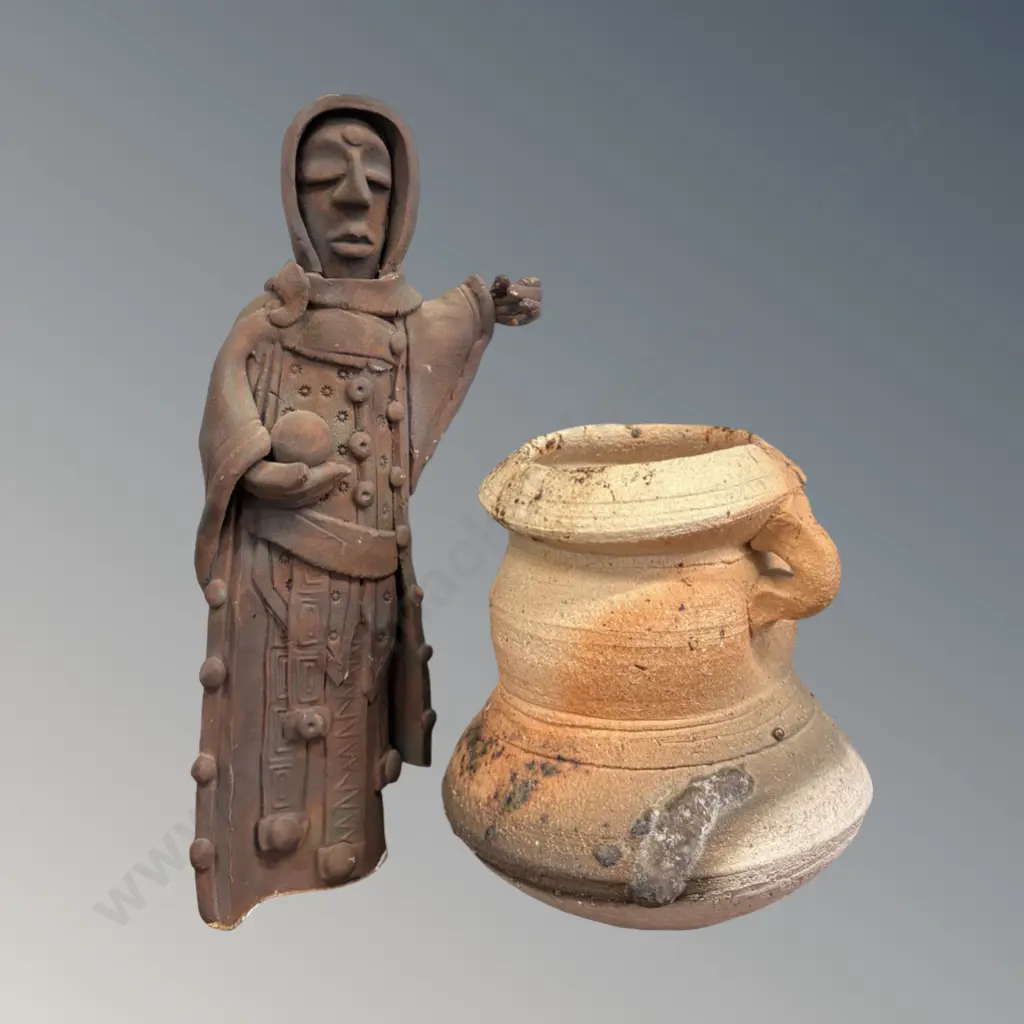 David Walker Pottery Monk H32cm and Saggar Fired Pot H17cm Image 1++