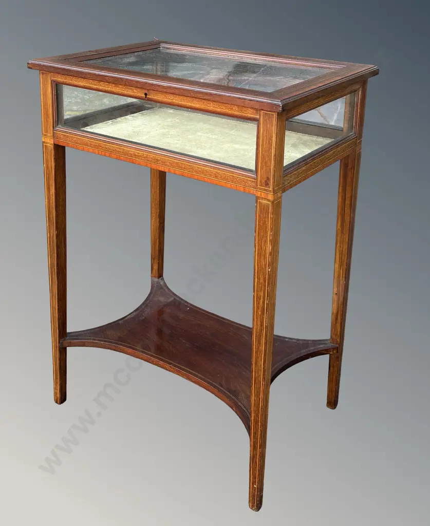 Mahogany and Glass Display Table with Fruitwood Stringing and Green Velvet Lining, H75xW54.5xD39cm,  Image 1++
