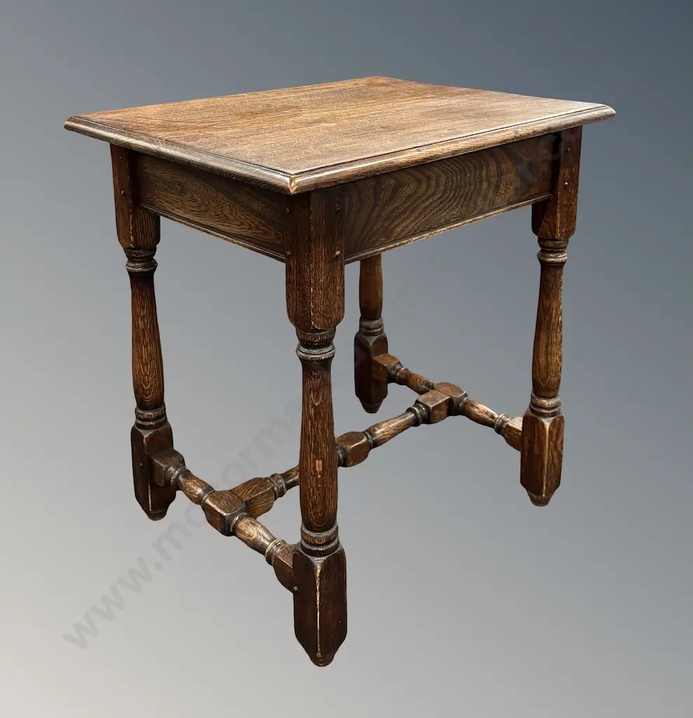 Oak and Elm Side Table with Turned Legs and Stretcher Base, H59xL56xD46cm Image 1++