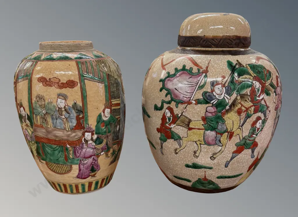 Chinese Crackle Glazed Ginger Jar with Enameled Samurai's and Horses H25cm Image 1++