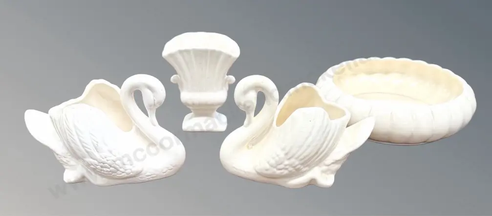 Two Small Crown Lynn Swans (one repaired), Crown Lynn Float Bowl and Shorter & Son Posy Vase Image 1++