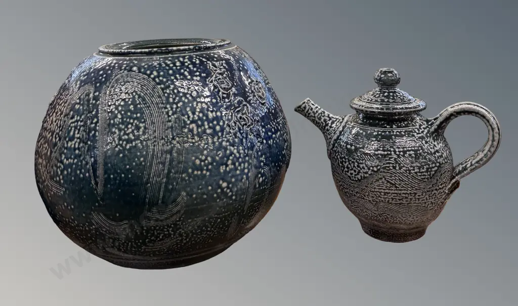 Ngaire van Grondelle Blue Salt Glaze Pot, hairline crack to rim H25cm, and matching teapot H20cm Image 1++