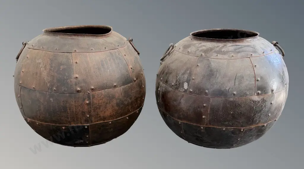 Pair of Large Riveted Iron Pots with Handles, H48xDia50cm Image 1++