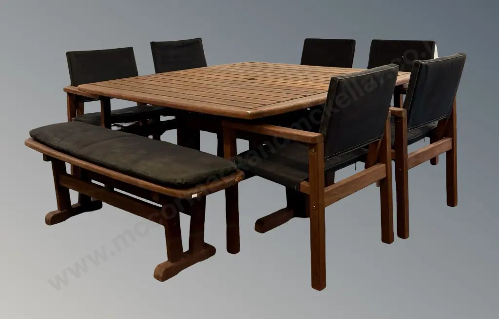 Devon Slatted Teak Outdoor Table, 6 chairs and 1 bench with Upholstered Seats, 148cm Square Image 1++