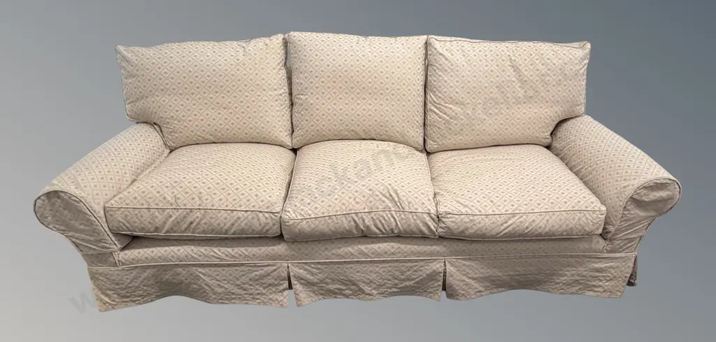 Three Seater Sofa with Rolled Armed and Feather Cushions, Upholstered in Colefax and Fowler Starburst, L212xD96cm Image 1++