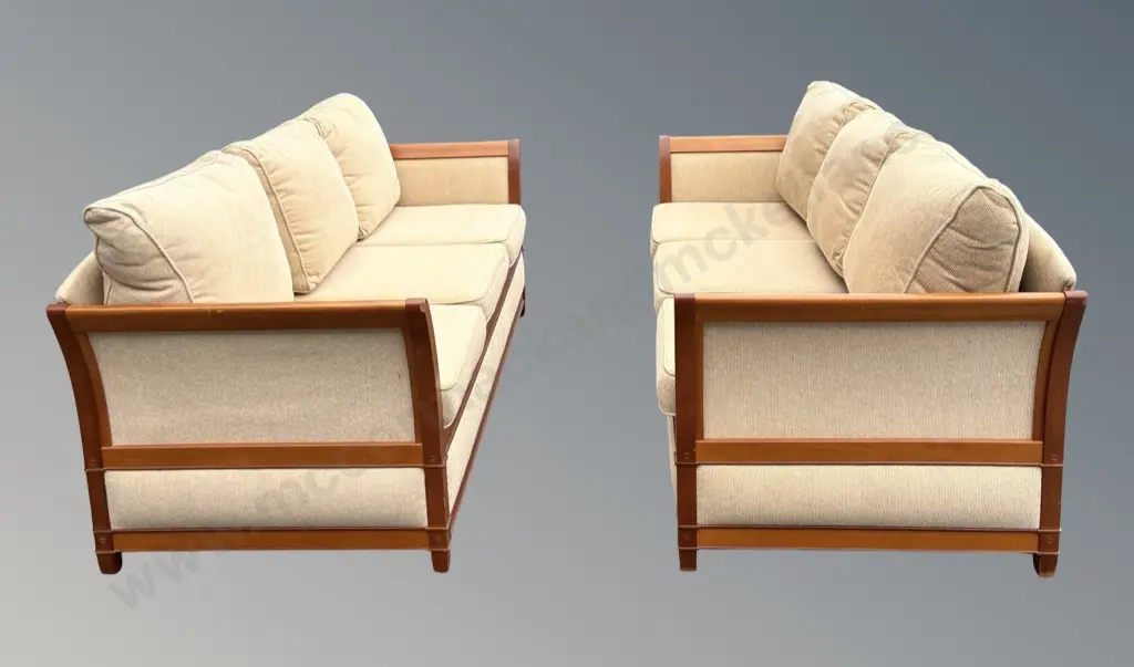 Pair of Rose and Heather Ancient Swamp Kauri and Upholstered Sofas, L187xH94xD83cm Image 1++