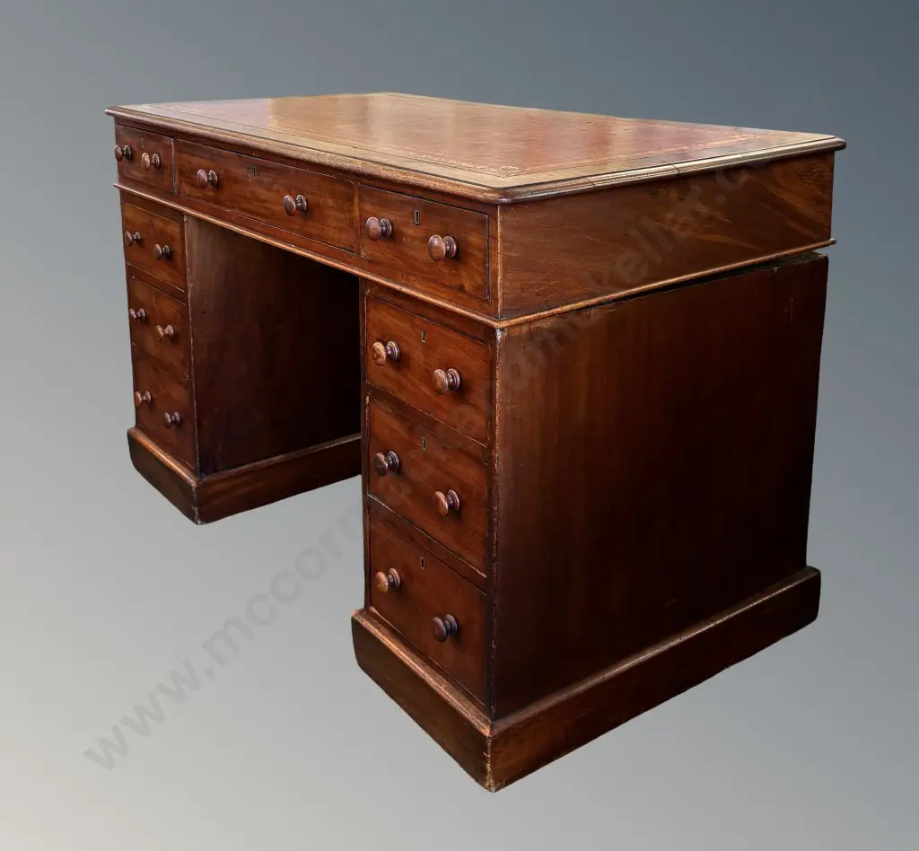 Mahogany Pedestal Desk with Red Leather Tooled Inlay and 9 Drawers Image 1++