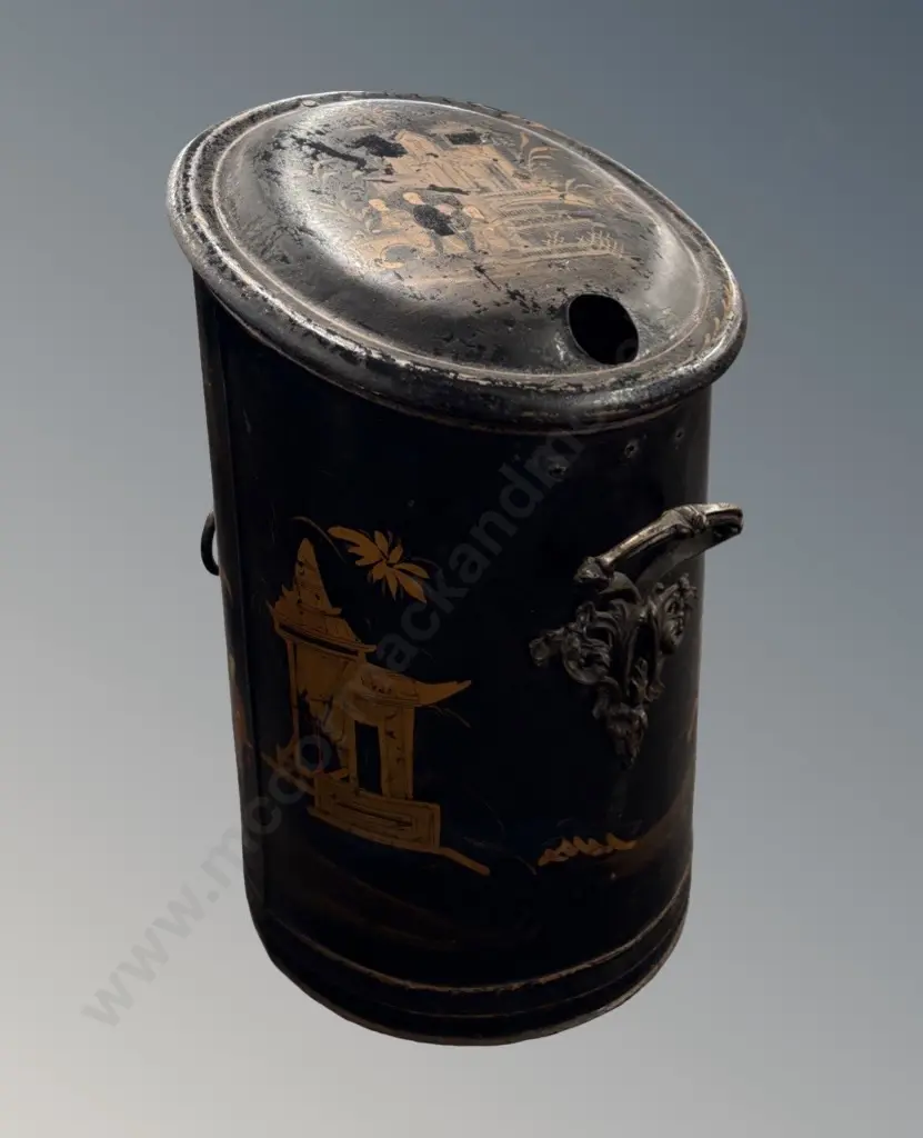 Black and Gold Chinosiserie Metal Coal Bin, H50cm Image 1++
