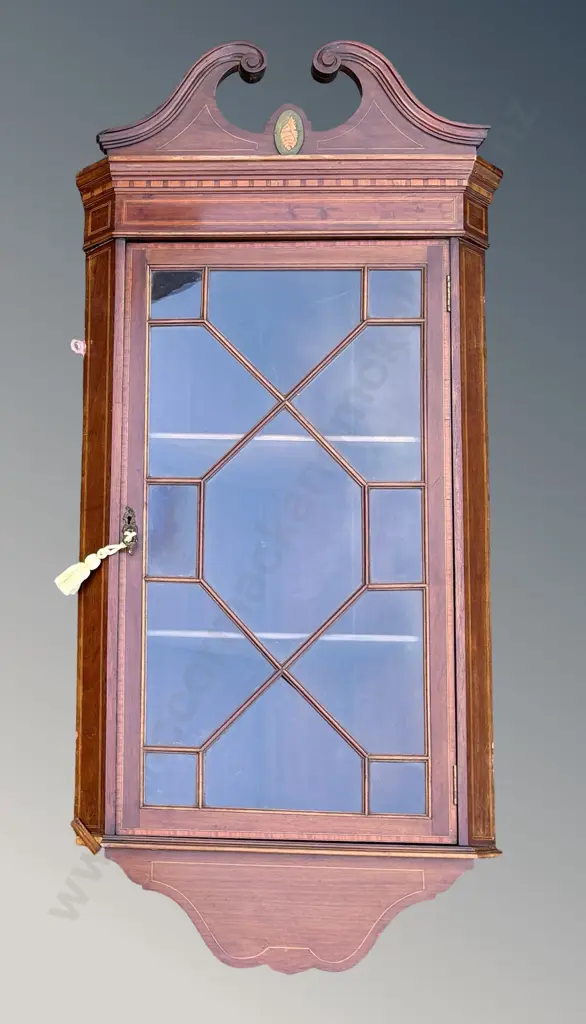Mahogany with Fruitwood Stringing Wall Corner Cabinet with Glazed Astragal Door, 2 Shelves, H129xW60xD36cm Image 1++