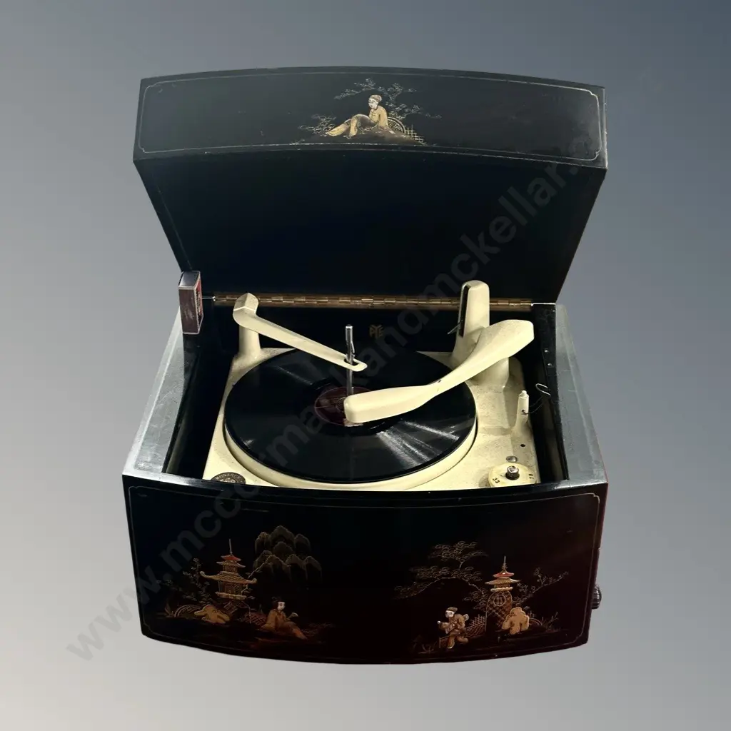 1950s BSR Monarch 3 Speed Record Player with  Black Lacquered Case Decorated with Hand Painted Gold Japanese Motifs - Image 1++