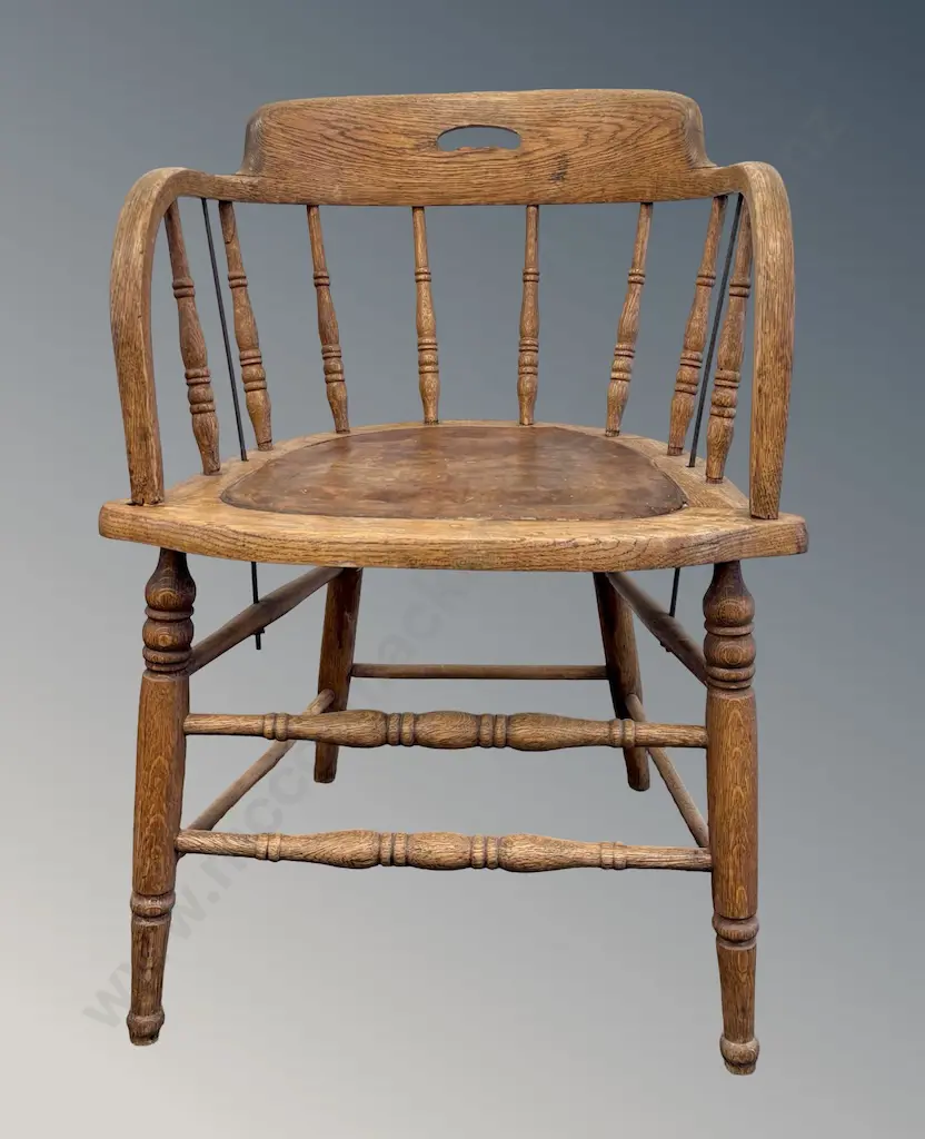 Oak Captains Chair with Leather Upholstered Seat, wooden dowel missing, AF Image 1++