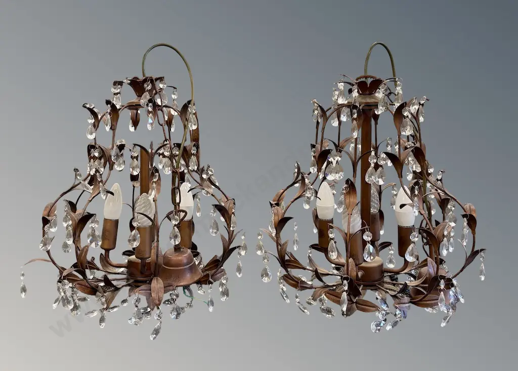Pair of Copper Chandeliers featuring Floral Leaf Design and Crystal Drops, H46cm Image 1++