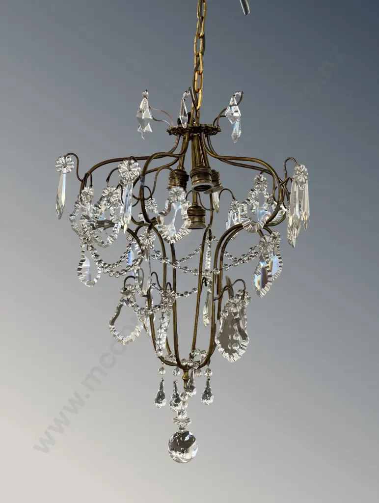 Six Branch Brass Chandelier with Crystal Drops Image 1++