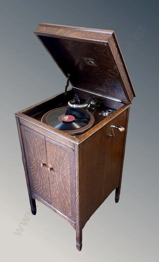 His Masters Voice Wind up Record Player in an Oak Cabinet - see further photo Image 1++