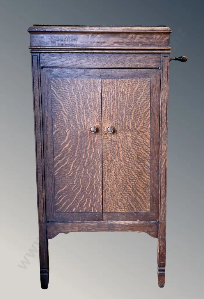 His Masters Voice Wind up Record Player in an Oak Cabinet - see further photo Image 1++