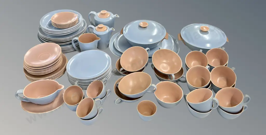 Peach and Blue Poole Dinner Set - Dinner Plates, Cups, Soup Coupes, Platters, Teapot, Gravy Boat, Tureen etc some AF, Image 1++