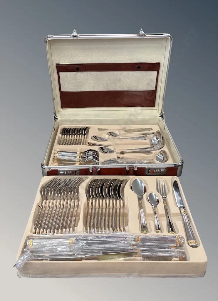 Canteen of Cutlery, Stainless Steel with Gold Accents, 12 pce setting, Knives Forks Spoons, Serving Spoons and Ladles Image 1++