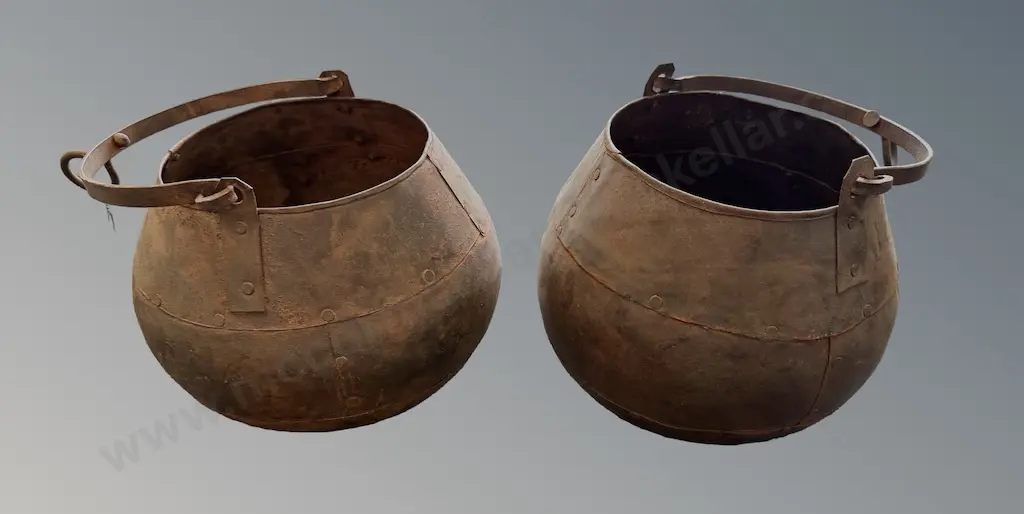 Pair of Riveted Iron Pots with Handles, H20xDia22cm Image 1++