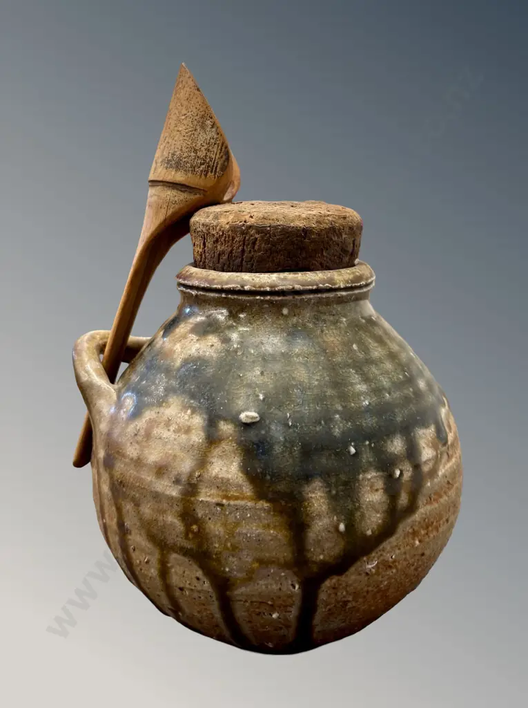 NZ Pottery Herb Jar with Cork Lid and Wooden Scoop, 15cm Image 1++