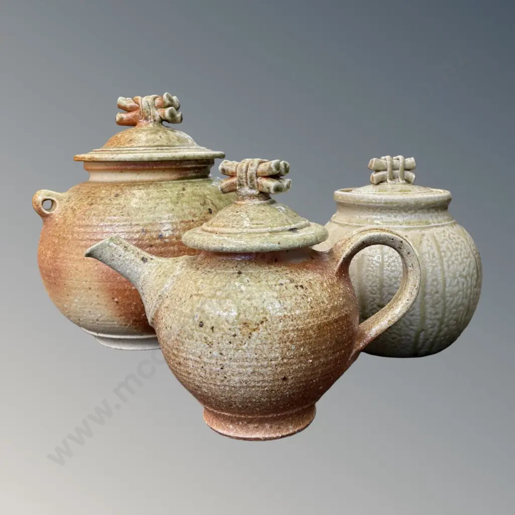 Ngaire van Grondelle Seaweed & Larch Ash Glaze Teapot and Matching Pots (2) with Ornate Handles H20-27cm Image 1++