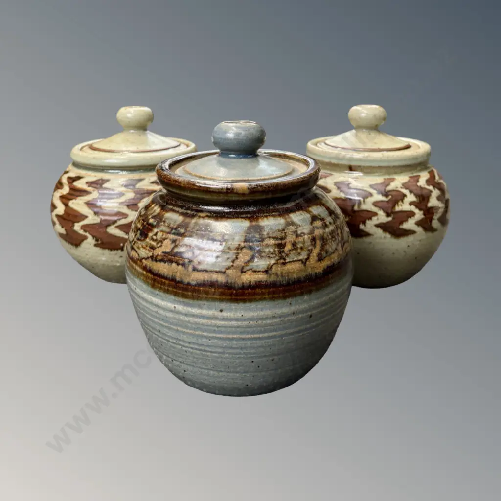 Three Lidded Pottery Containers - Unsigned H17cm Image 1++