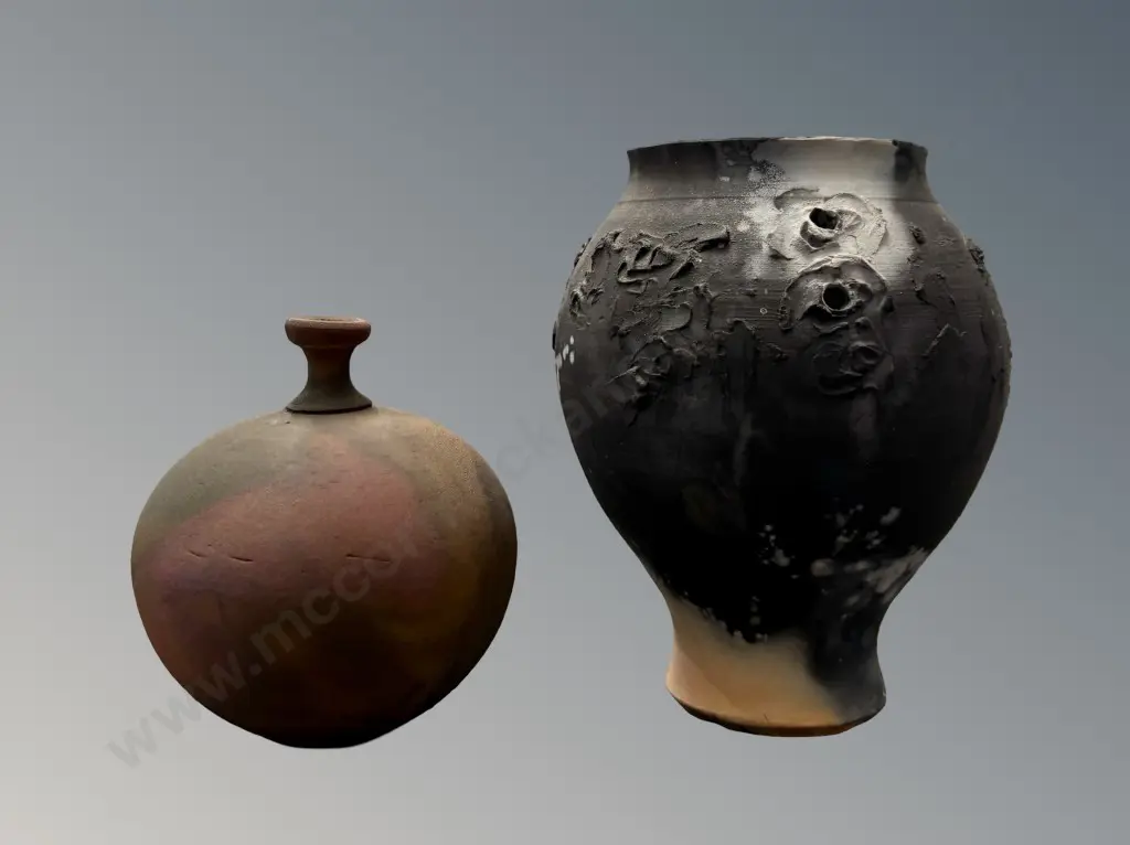 Ross Richards 'Thackwood' Raku Pot, H13cm and Unsigned Oil Fired Vessel Image 1++