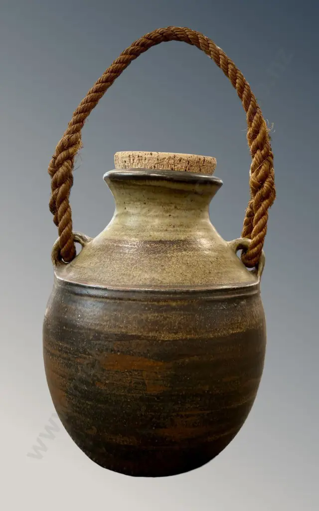 Hazel McCaughan NZ Pottery Vessel with Rope Handle H33cm Image 1++
