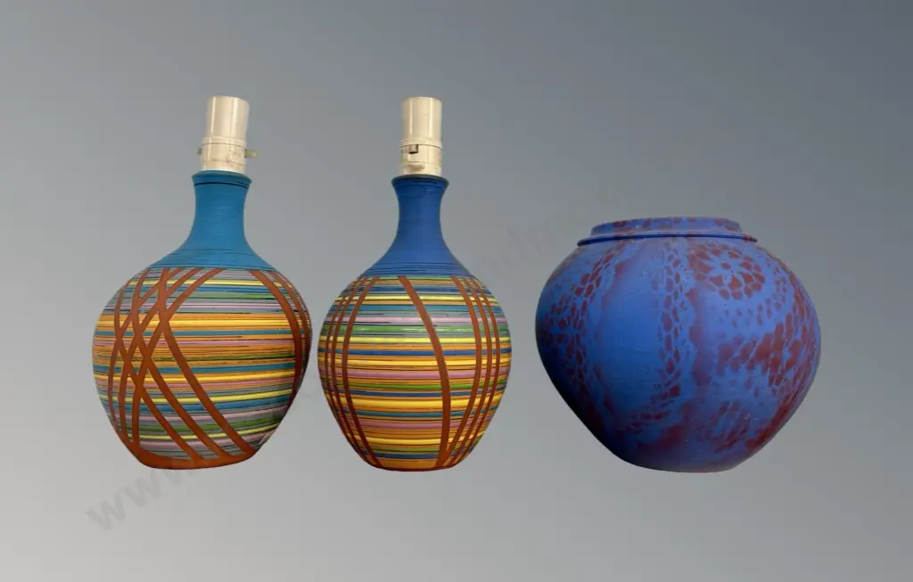 Ngaire van Grondelle Pair of Terracotta Lamp Bases with Multi-Coloured Stripe finish and Matte Finish Pottery Globe Vase Image 1++