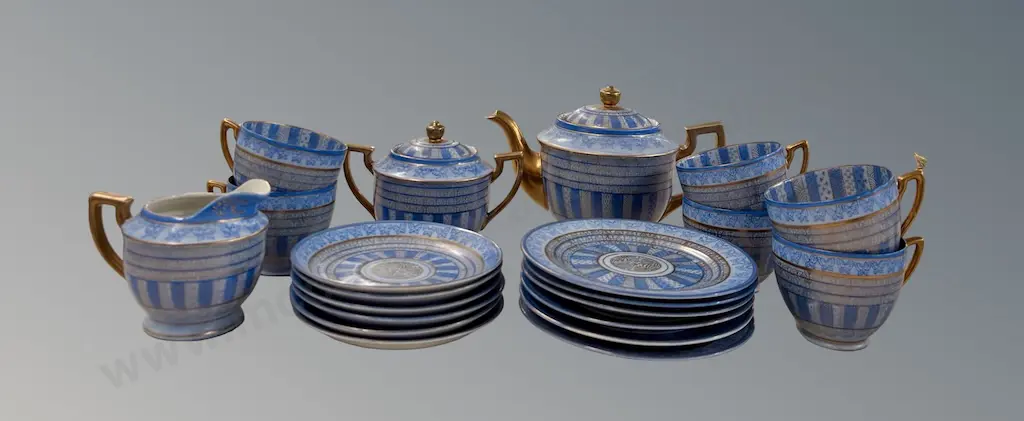 Cornflower Blue and Gilt Japanese Porcelain Tea set, Teapot Creamer and Sugar, Cups, Saucers and Side Plates, 21pces Image 1++